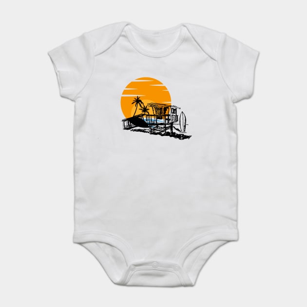 Life Guard Station at the Beach with Sunset and Surfboard Baby Bodysuit by Joaddo